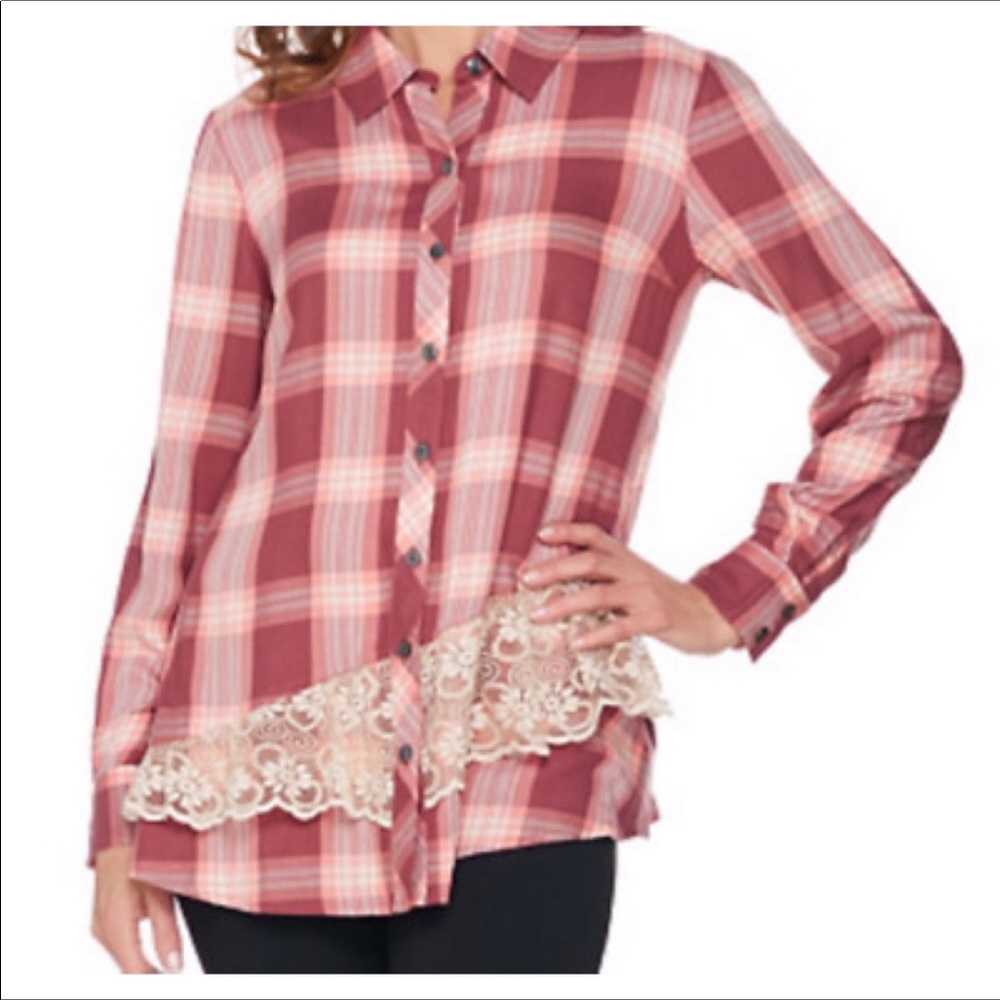 LOGO plaid top shirt lace trim melon size 10 large